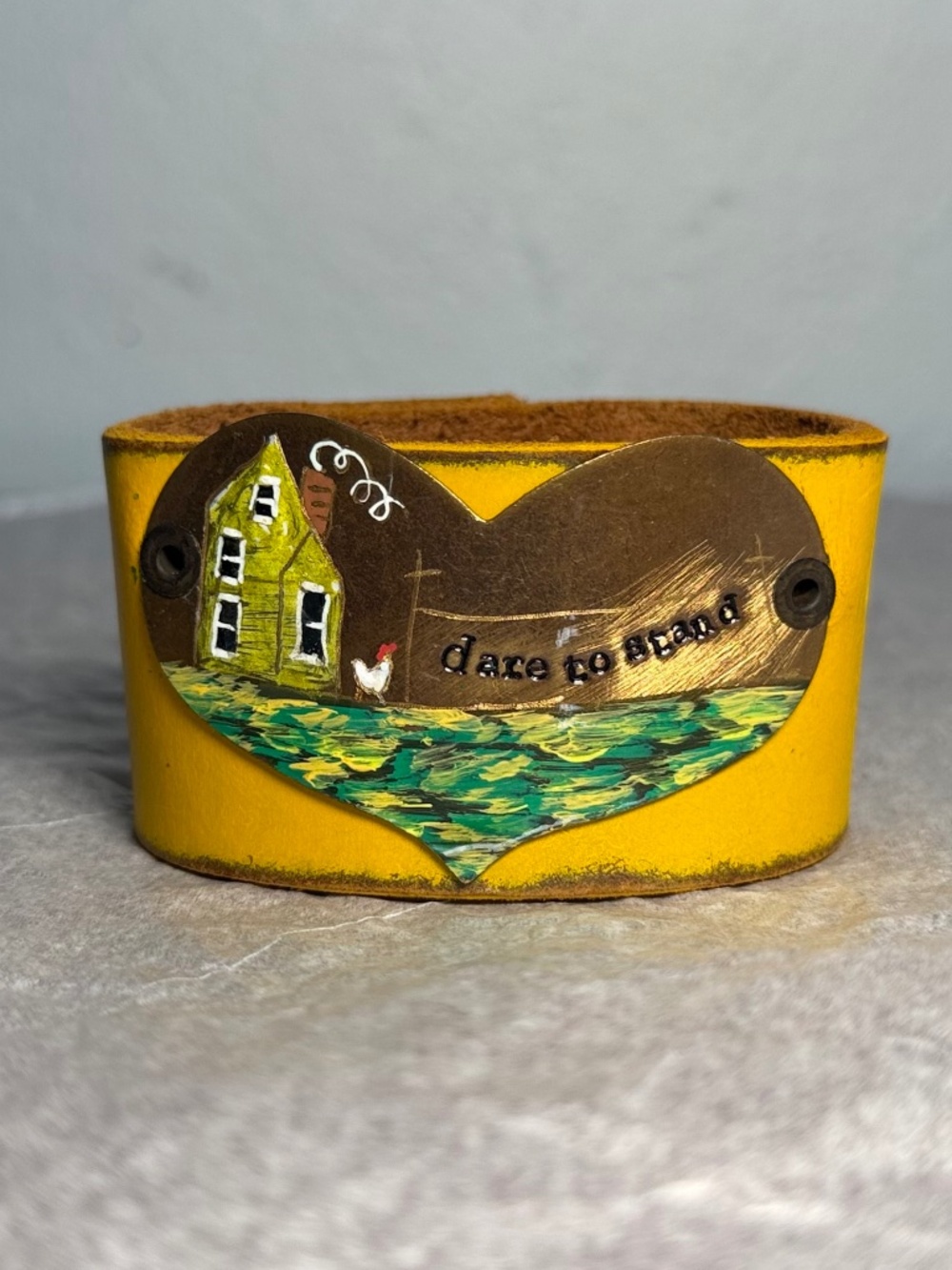 Authentic Farmgirl Paints Leather Cuff–"Dare to Stand" -Yellow + FREE CARD